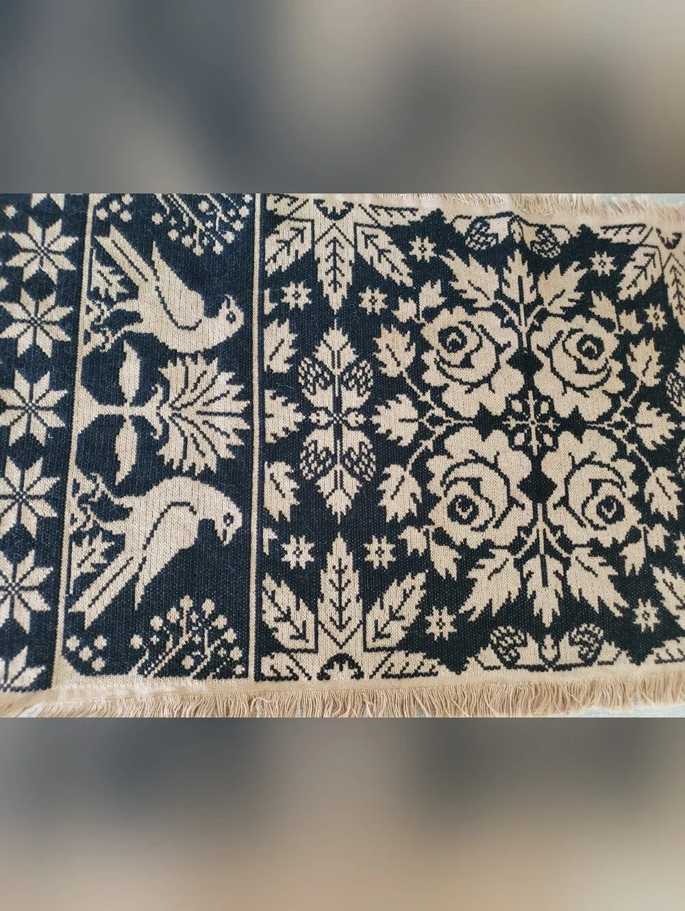 Handwoven Bird & Floral Tapestry Runner in Black and Tan